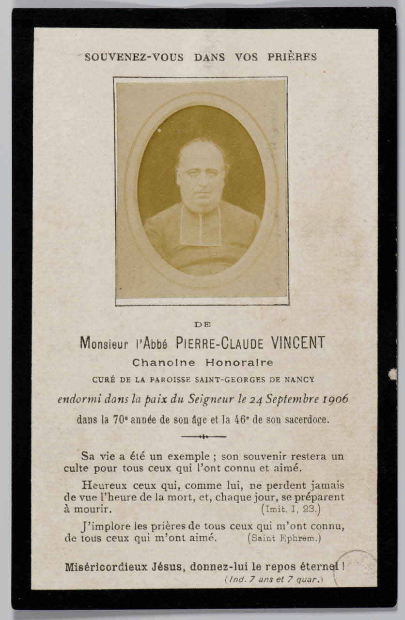 estampe SOUVENEZ-VOUS DANS VOS PRIERES  DE  Monsieur l'Abbé PIERRE-CLAUDE VINCENT 1973.59.17 Photo Mucem