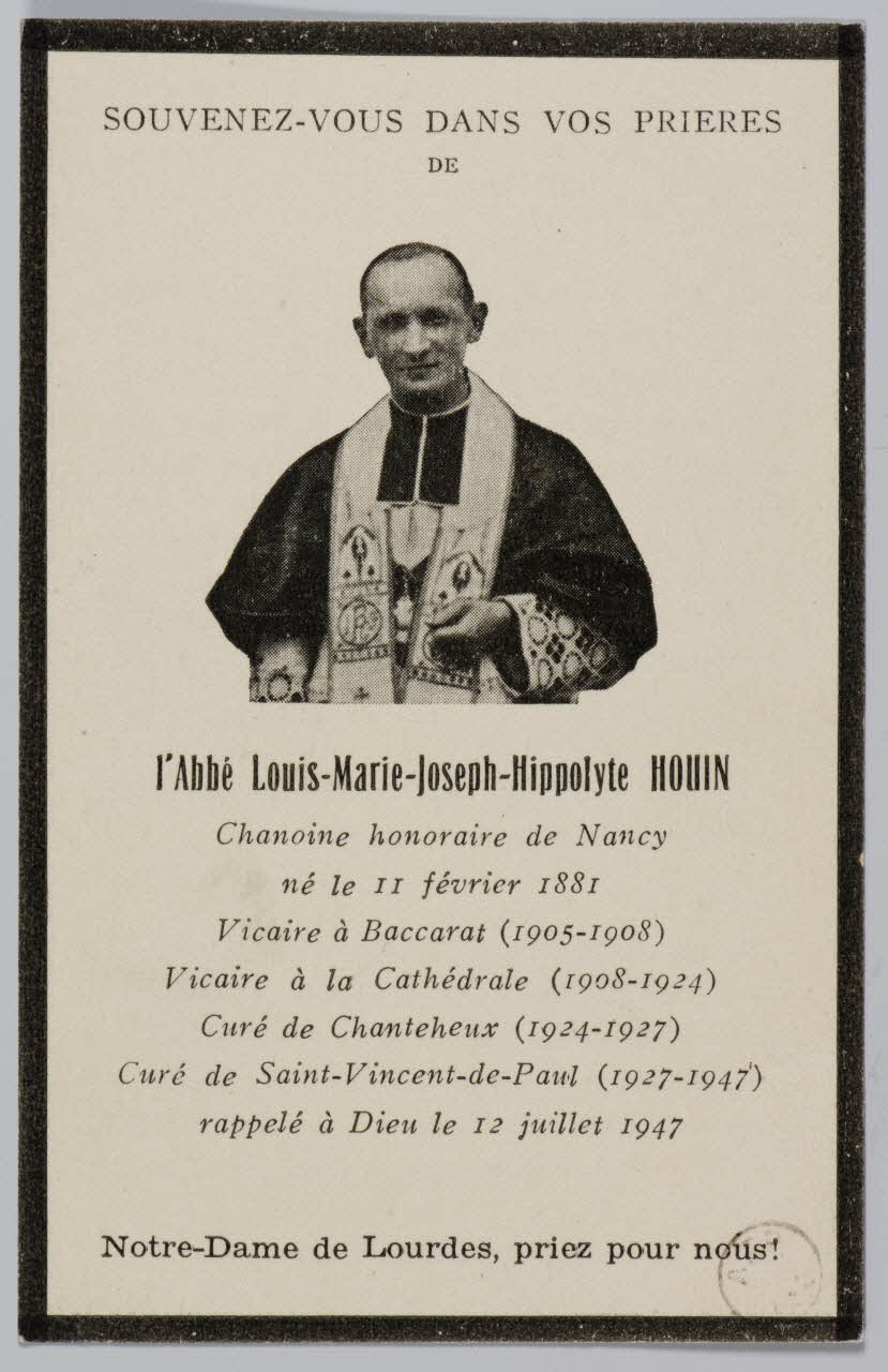 estampe SOUVENEZ-VOUS DANS VOS PRIERES  DE  l'Abbé Louis-Marie-Joseph-Hippolyte HOUIN 1973.59.19 Photo Mucem