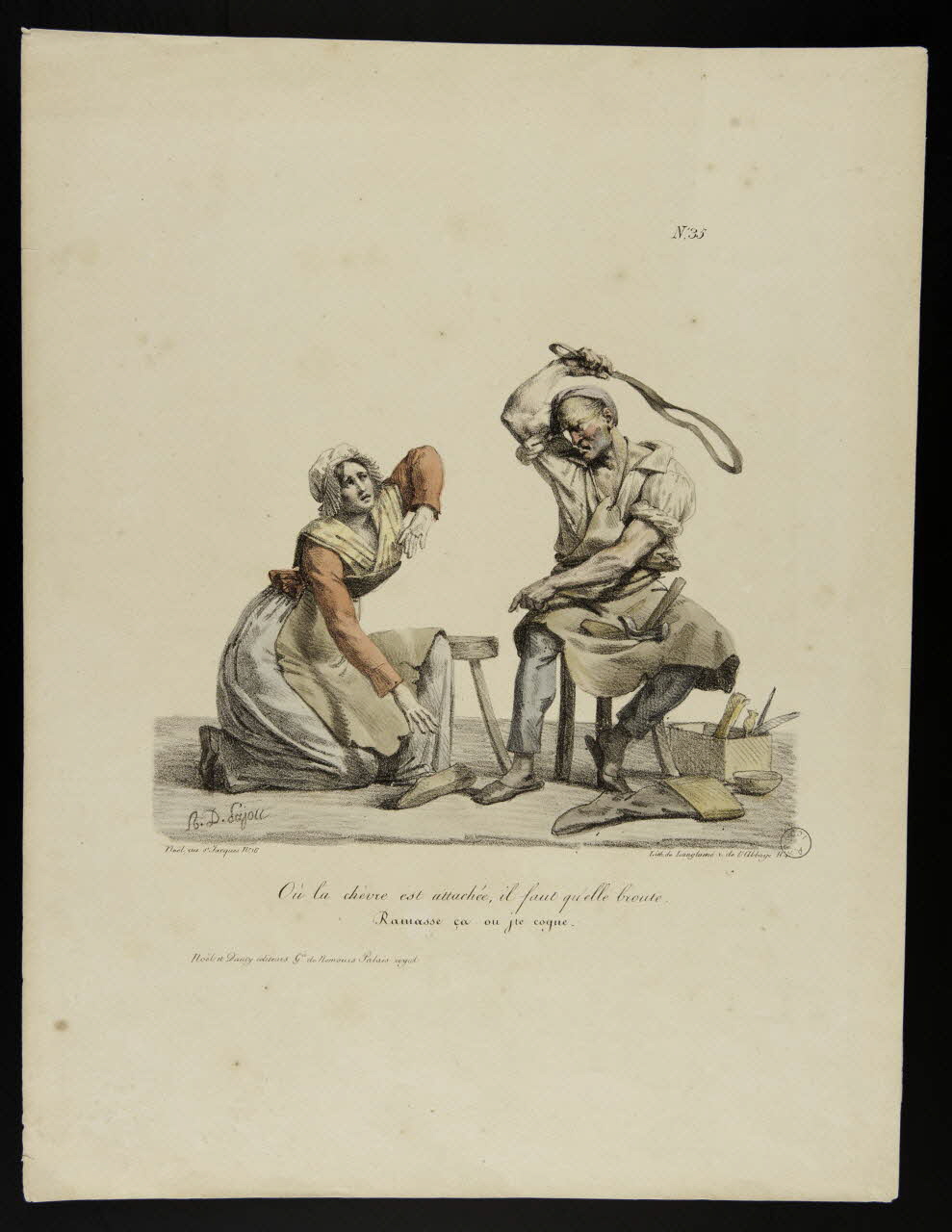 estampe Où la chèvre est attachée, il faut qu'elle broute.  Ramasse ça ou jte cogne. 1974.18.2 Photo Mucem