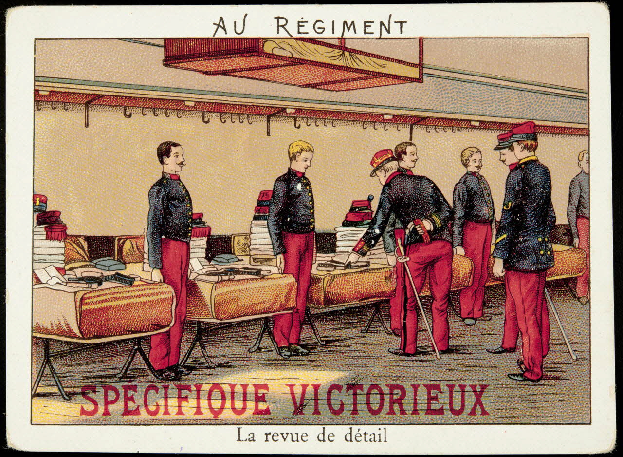 carte réclame AU REGIMENT  La revue de détail 1974.19.116 Photo Mucem