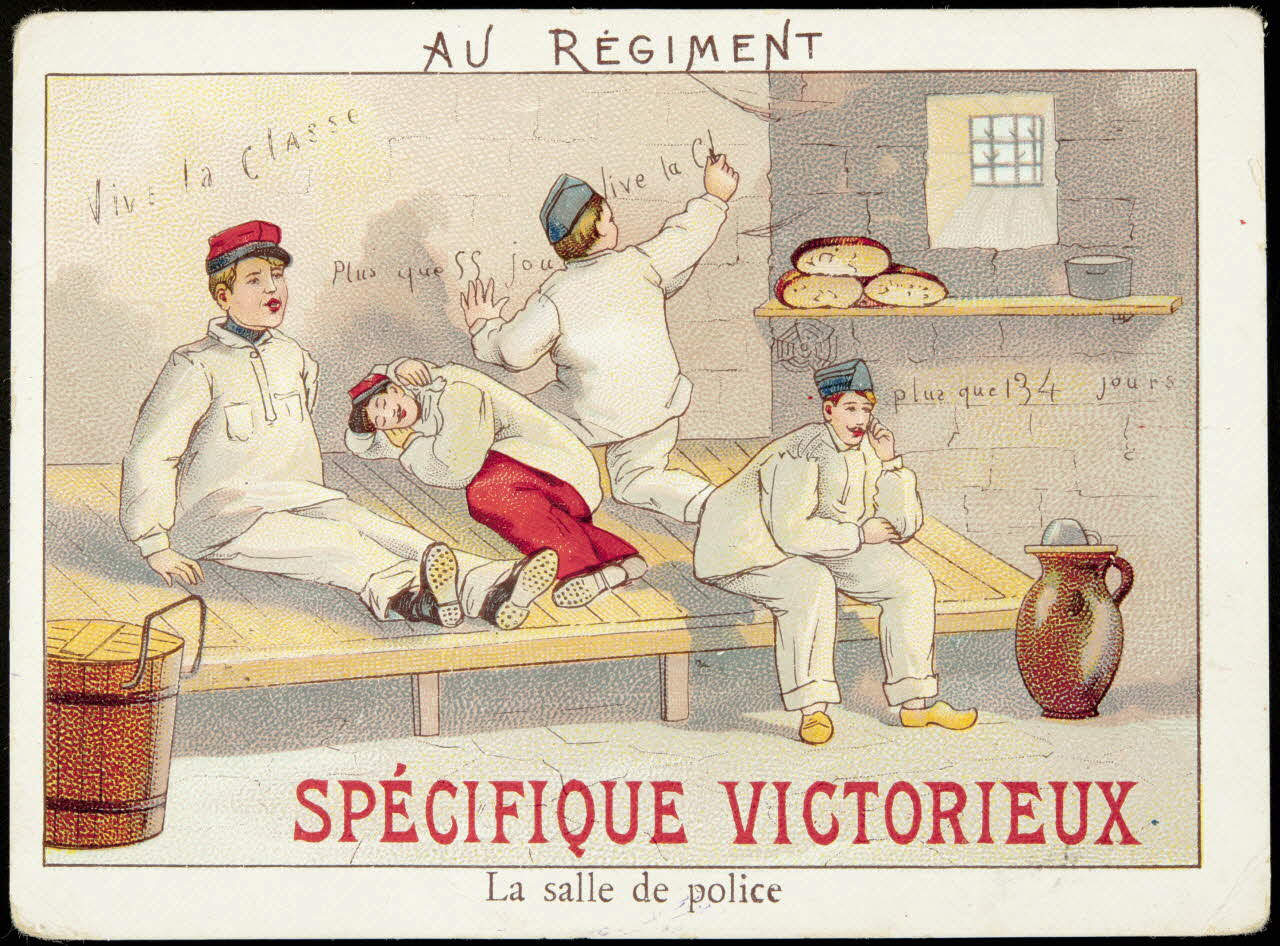 carte réclame AU REGIMENT  La salle de police 1974.19.117 Photo Mucem