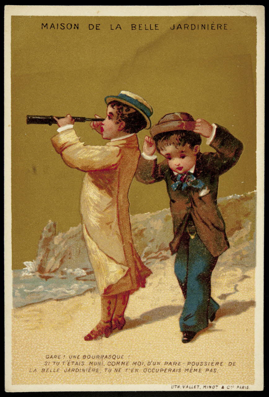 carte réclame GARE ! UNE BOURRASQUE !  SI TU T'ETAIS MUNI, COMME MOI, D'UN PARE-POUSSIERE DE  LA BELLE JARDINIERE, TU NE T'EN OCCUPERAIS MÊME PAS 1974.50.129 Photo Mucem