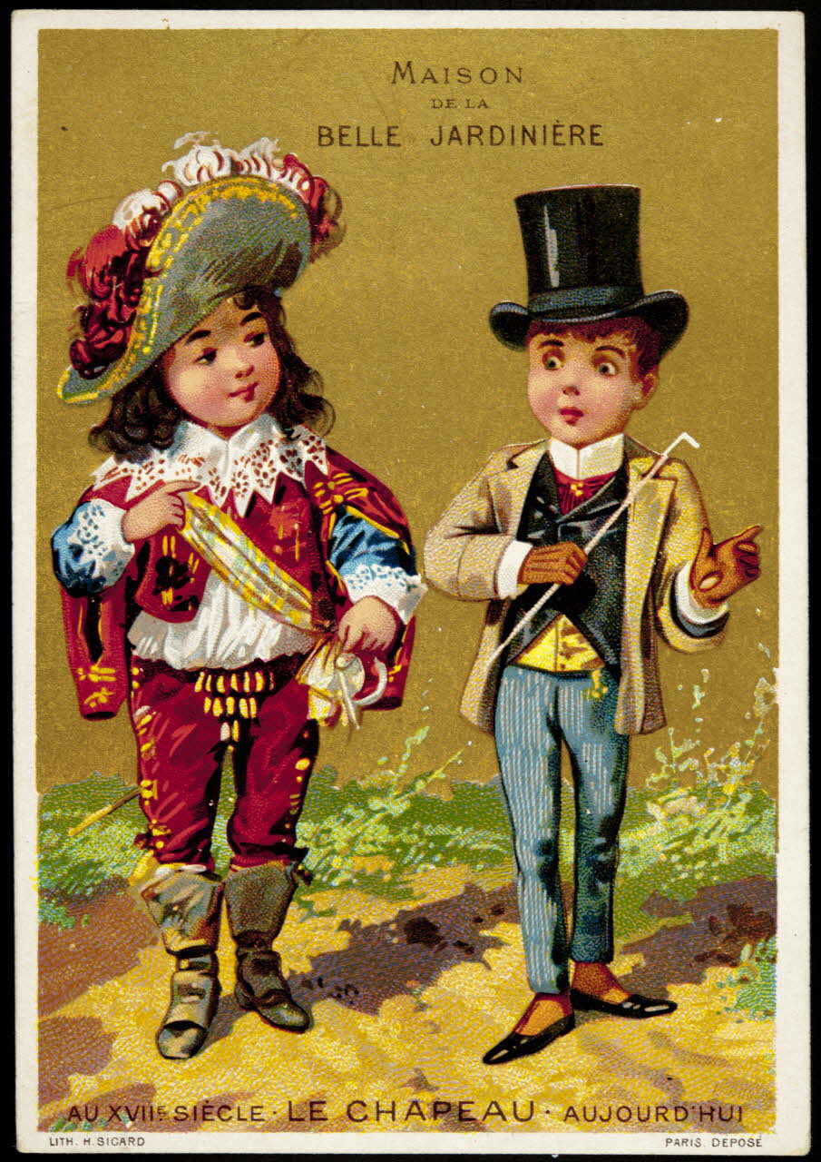 carte réclame AU XVIIE SIECLE. LE CHAPEAU. AUJOURD'HUI 1974.50.20 Photo Mucem