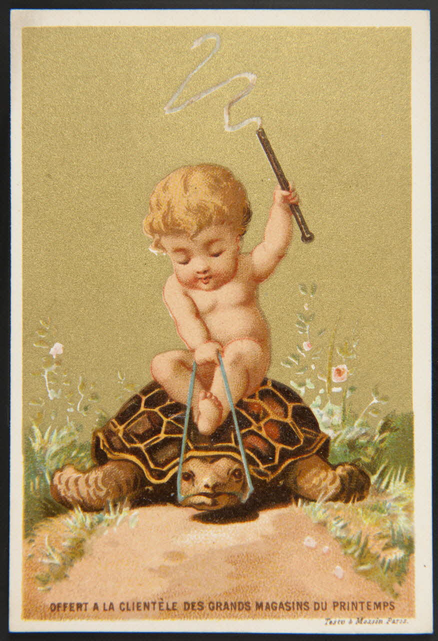 carte réclame Enfant nu sur une tortue 1974.50.211 Photo Mucem