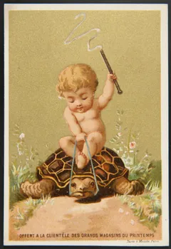 carte réclame Enfant nu sur une tortue 1974.50.211 Photo Mucem
