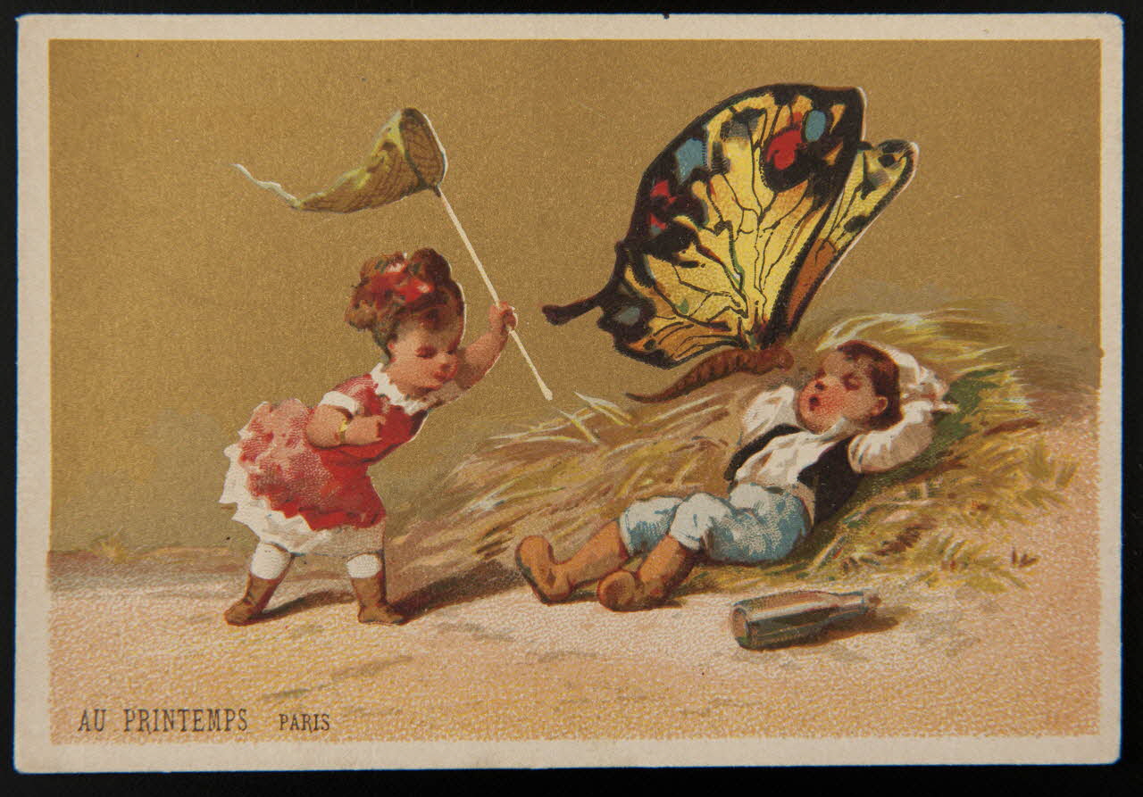 carte réclame Une jeune fille essaye d'attraper un papillon géant 1974.50.217 Photo Mucem