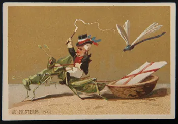 carte réclame Voiture de coquille de noix tirée par des insectes 1974.50.226 Photo Mucem