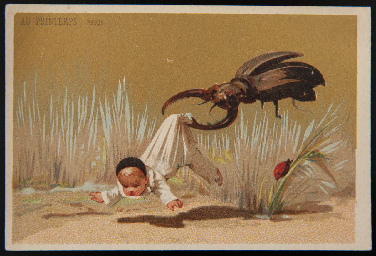 carte réclame Pierrot transporté par un scarabée 1974.50.228 Photo Mucem