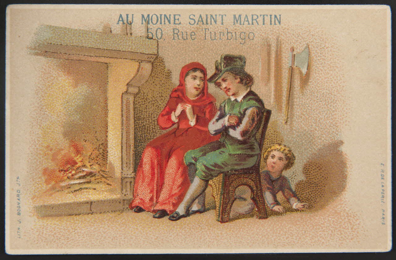 carte réclame Couple et enfant près du feu de cheminée 1974.50.330 Photo Mucem