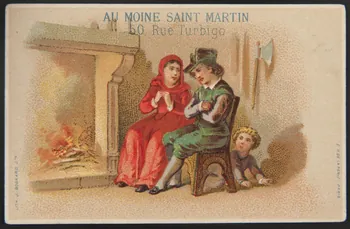 carte réclame Couple et enfant près du feu de cheminée 1974.50.330 Photo Mucem