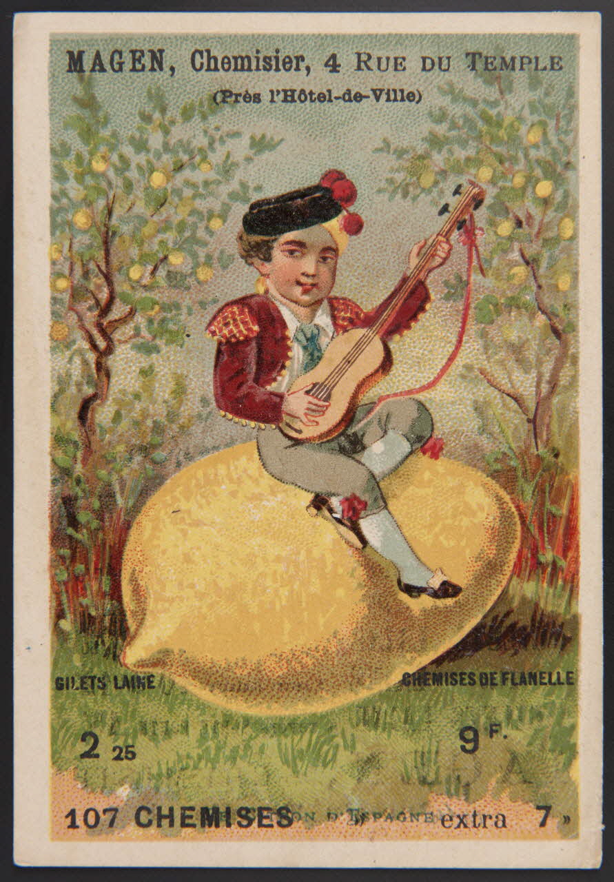 carte réclame Espagnol jouant de la guitare assis sur un citron 1974.50.395 Photo Mucem