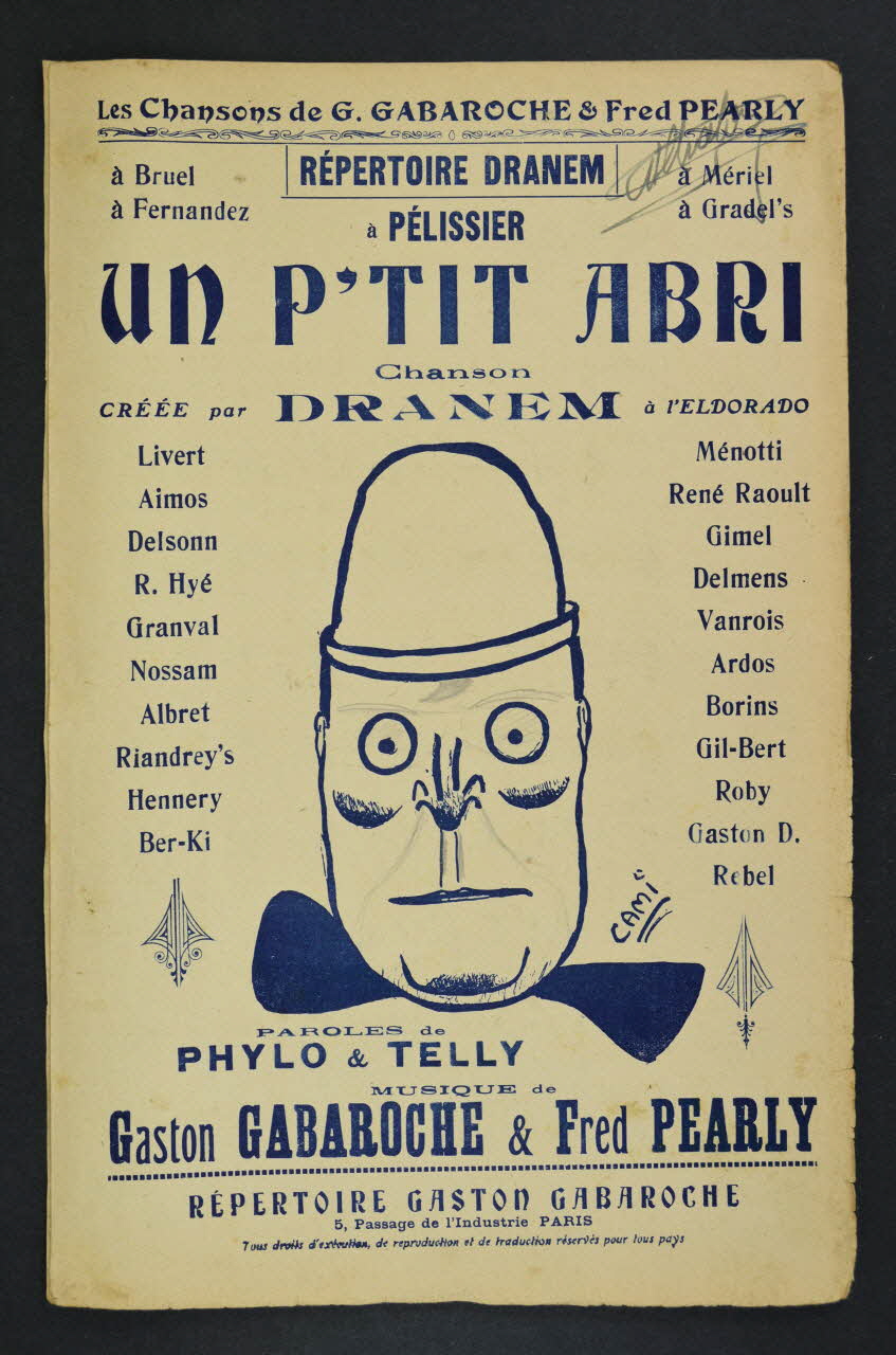 Fred Pearly ; Gaston Gabaroche ; Phylo ; Vincent Telly ; Dranem chanson petit format Île-de-France, France 1918 1966.139.18 Photo Mucem