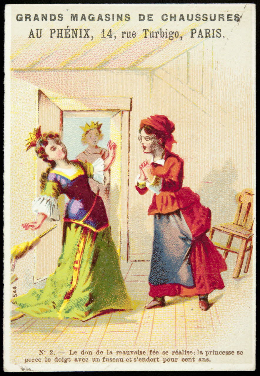 carte réclame N°2 - Le don de la mauvaise fée se réalise : la princesse se  perce le doigt avec un fuseau et s'endort pour cent ans. 1974.50.643.2 Photo Mucem