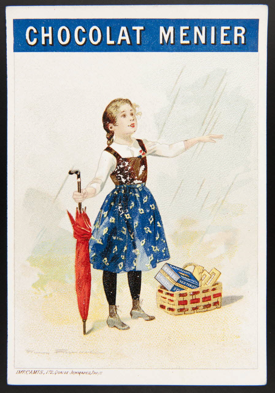 carte réclame Debout sous la pluie, étendant la main gauche 1974.50.682 Photo Mucem