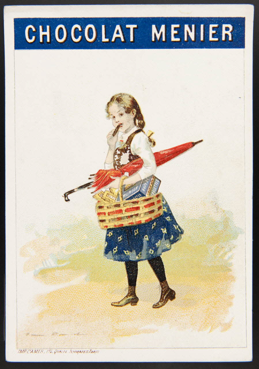 carte réclame Fillette marchant en train de manger du chocolat 1974.50.683 Photo Mucem