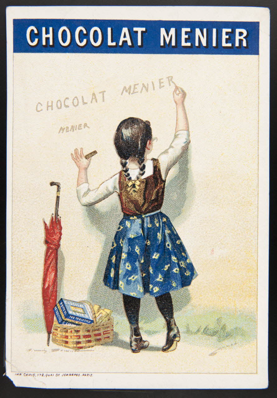carte réclame Fillette vue de dos. ""Chocolat Menier"" sur un mur 1974.50.684 Photo Mucem