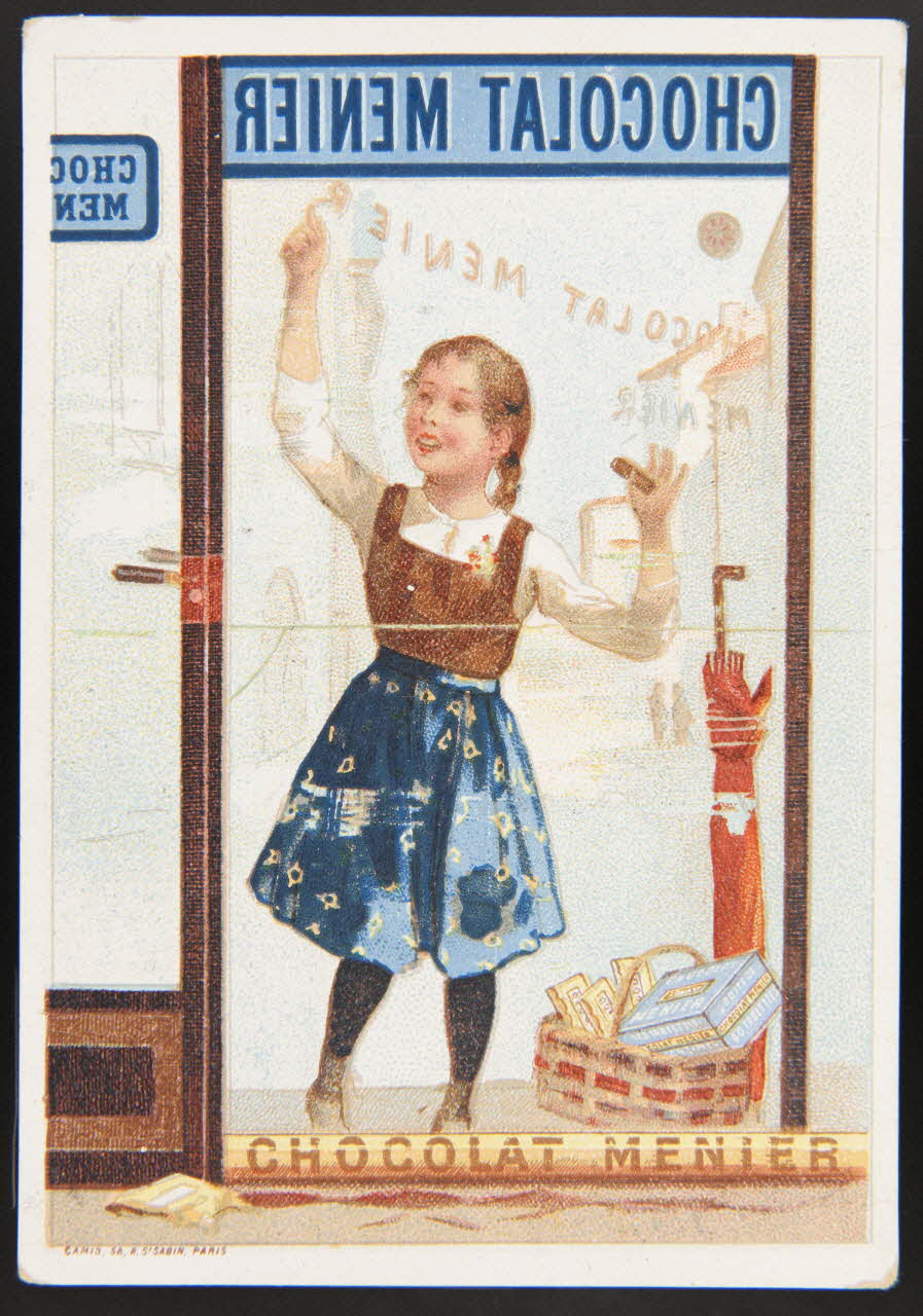 carte réclame Fillette devant la porte de "Chocolat Menier" 1974.50.685 Photo Mucem