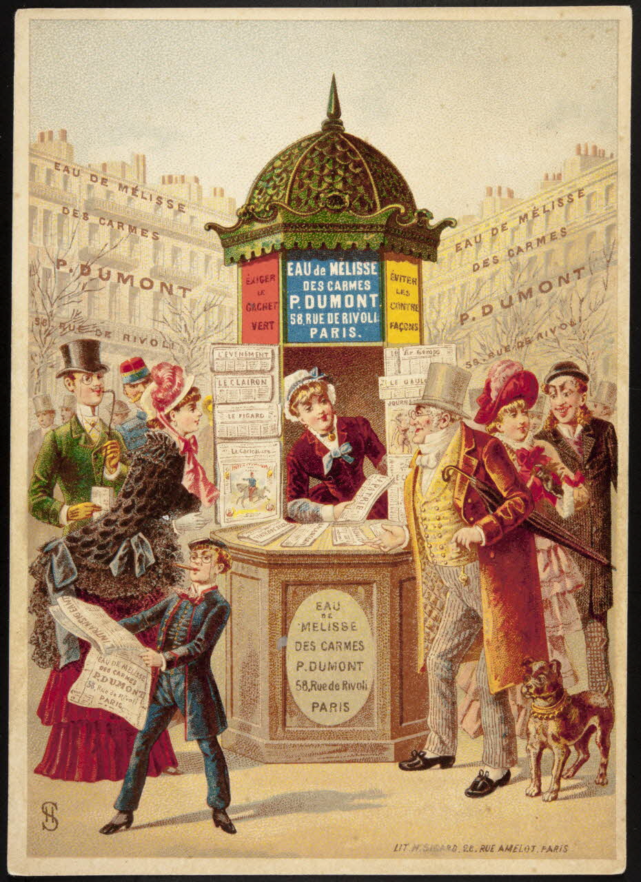 carte réclame Réunion autour d'un kiosque à journaux 1974.50.719 Photo Mucem