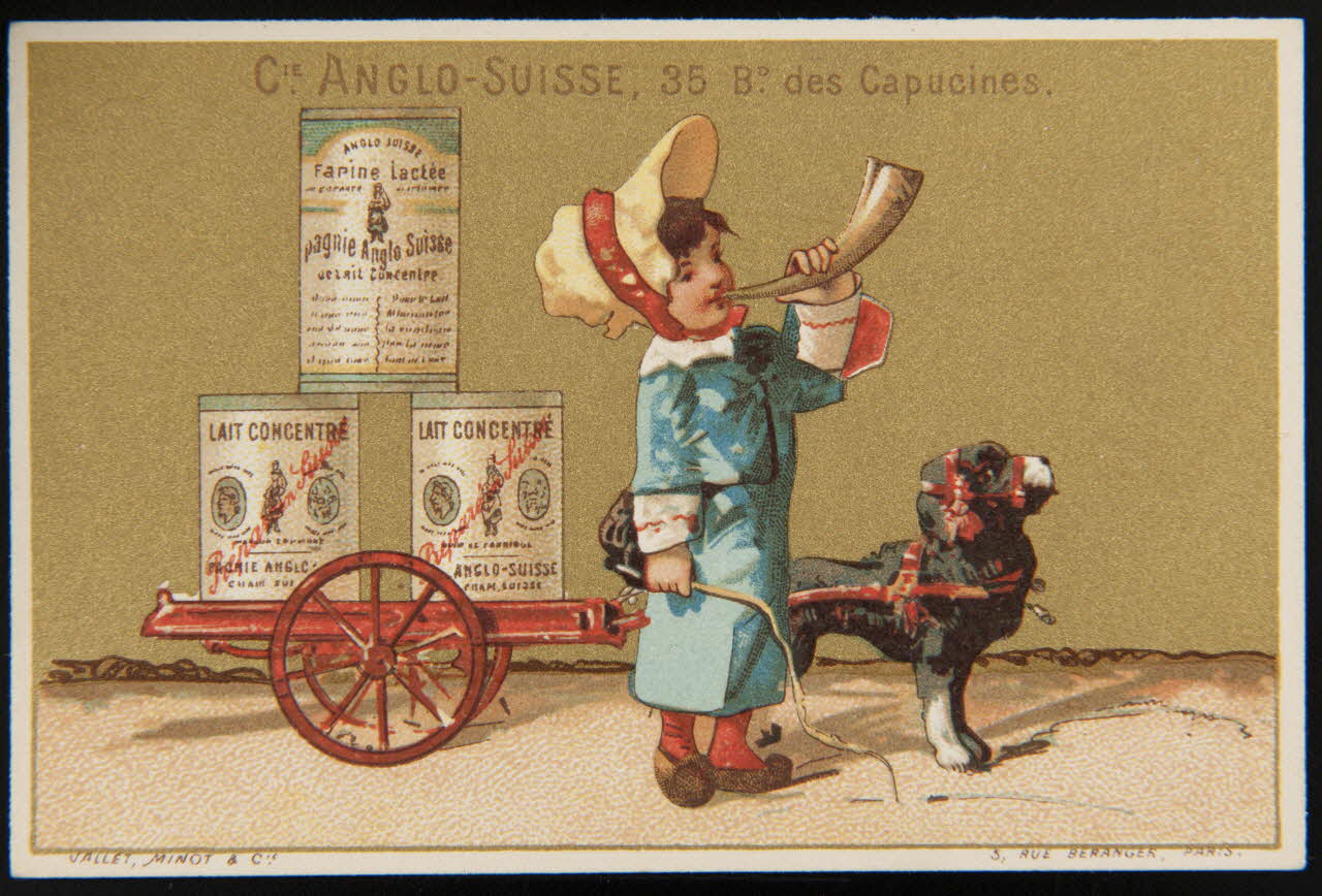 carte réclame Jeune fille soufflant dans une corne 1974.50.775 Photo Mucem