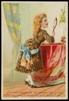 carte réclame Jeune fille s'admirant dans un miroir 1974.50.832  Photo Mucem