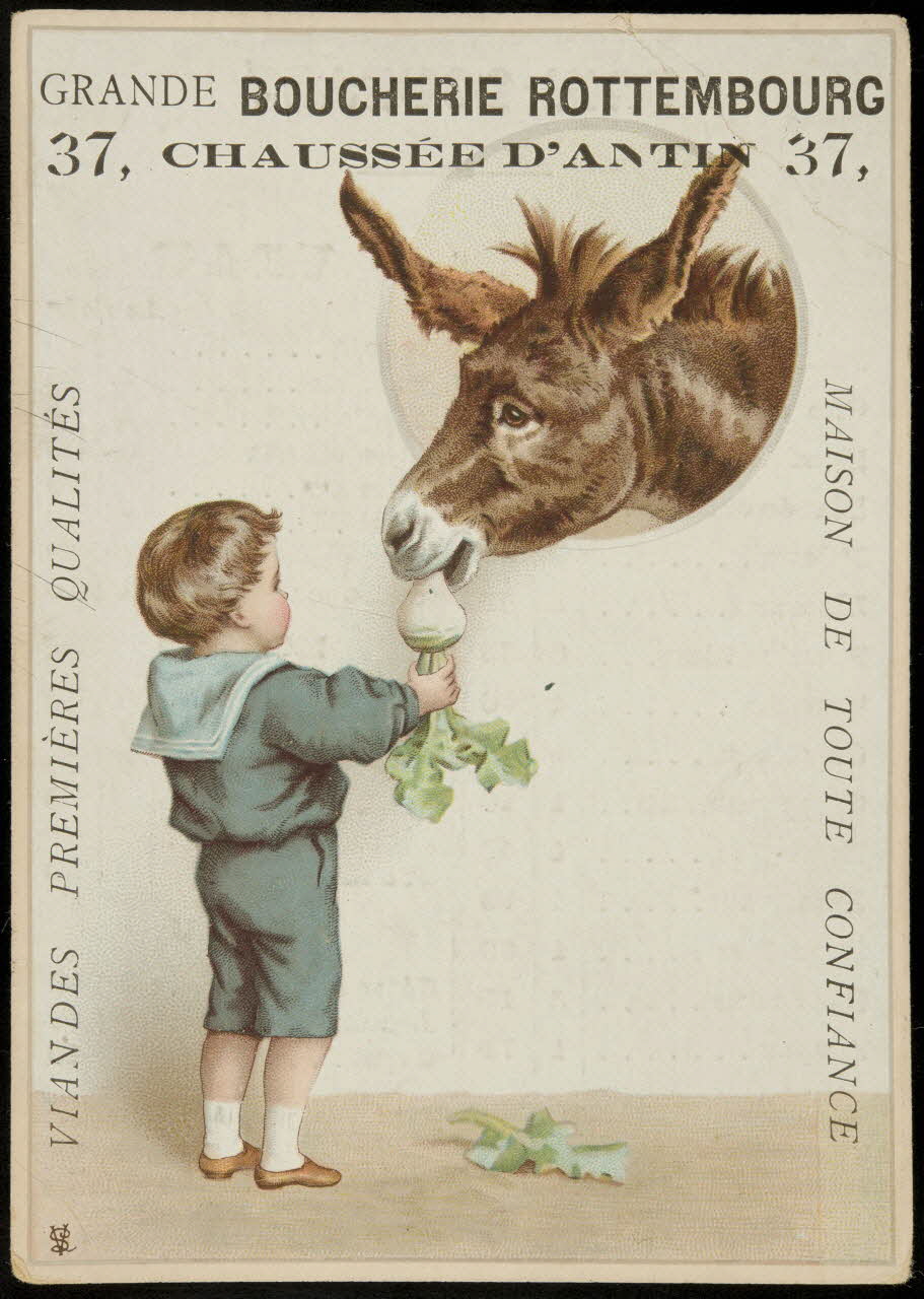 carte réclame Un enfant nourrit un âne 1974.50.836 Photo Mucem
