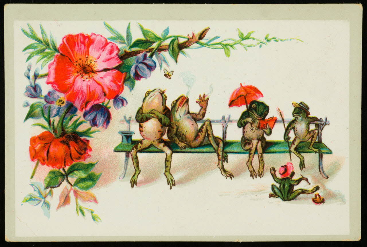 carte réclame Grenouilles assises sur un banc 1974.50.860 Photo Mucem