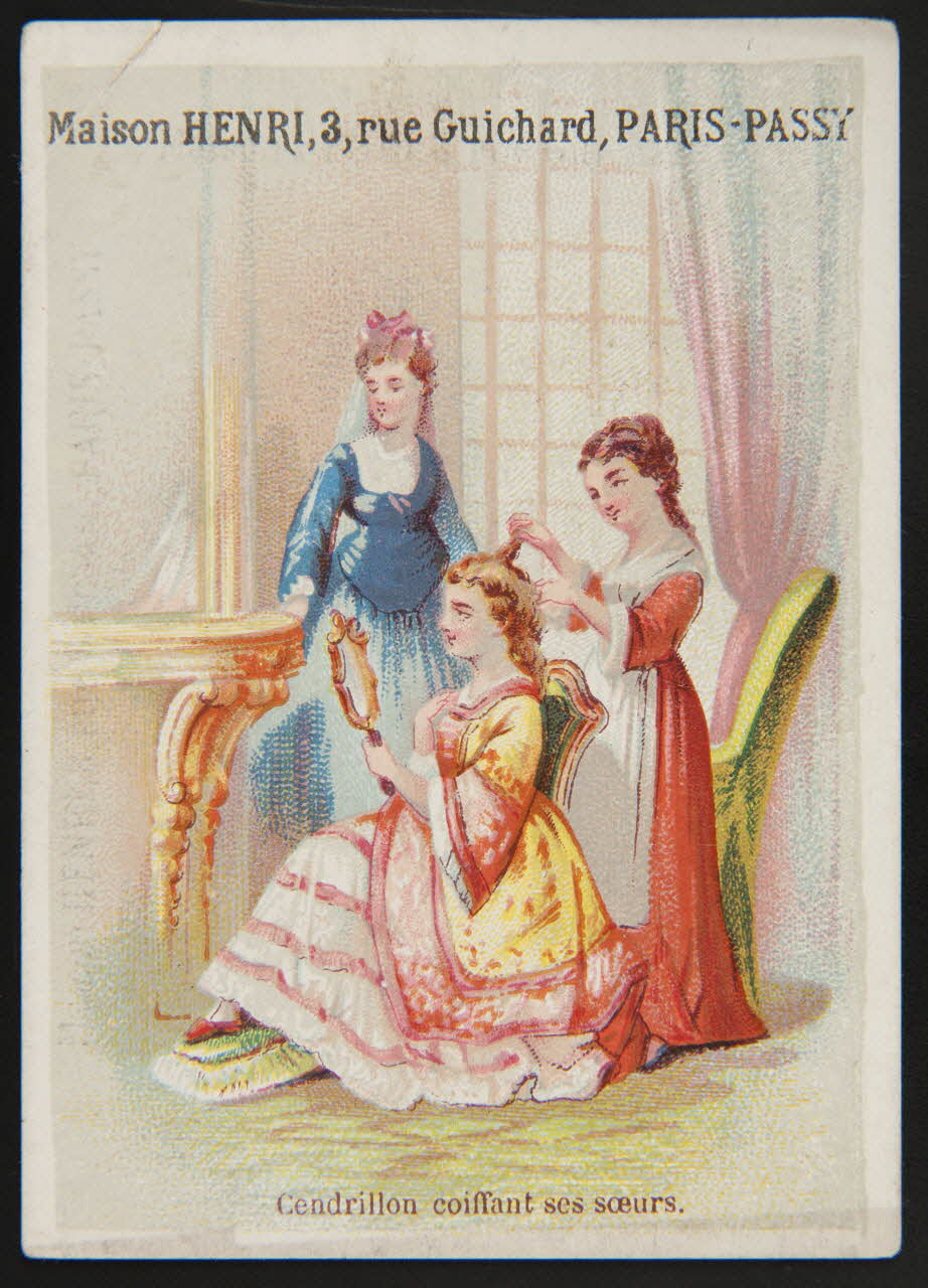 carte réclame Cendrillon coiffant ses soeurs. 1974.50.891 Photo Mucem