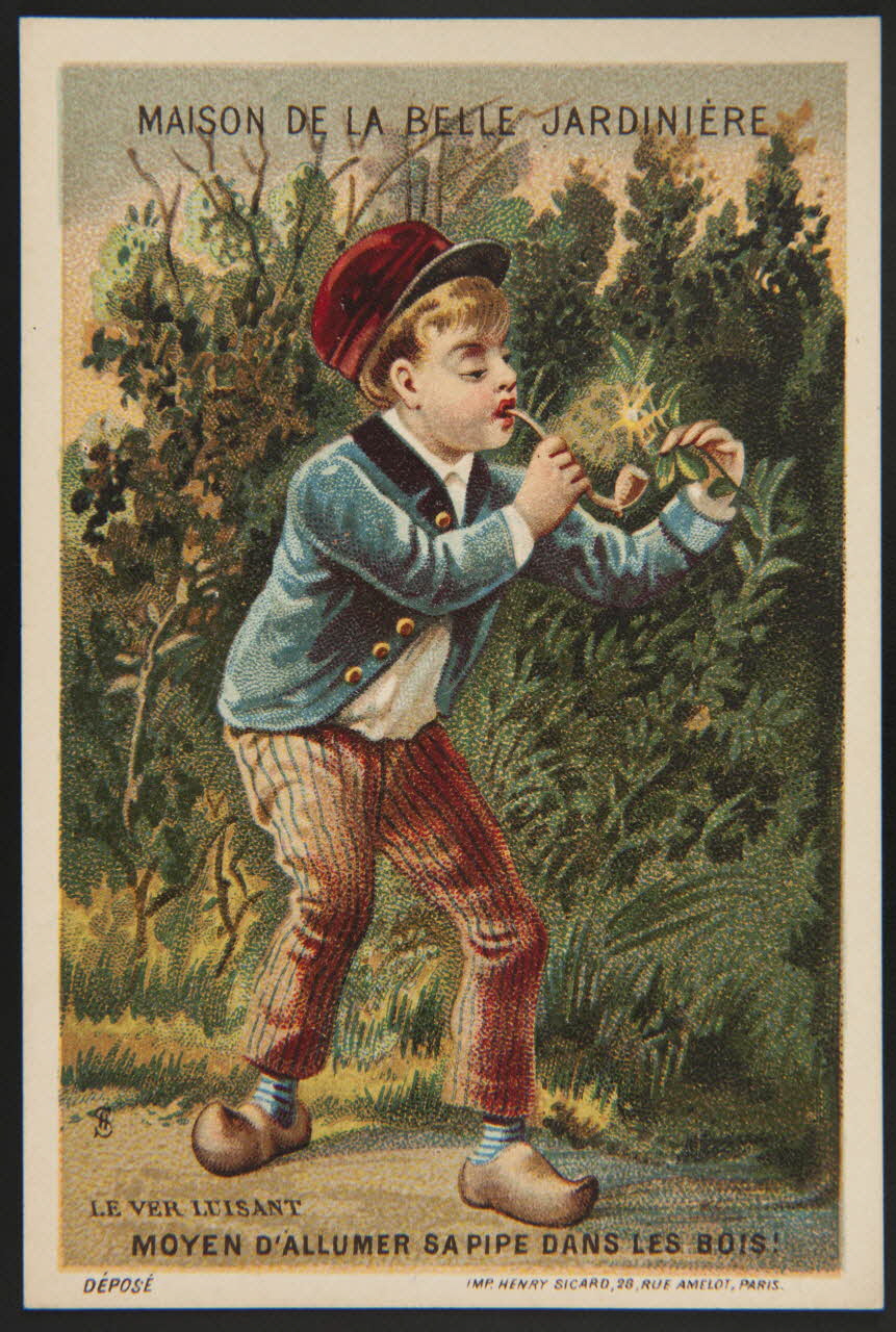 carte réclame LE VER LUISANT  MOYEN D'ALLUMER SA PIPE DANS LES BOIS ! 1974.50.91 Photo Mucem