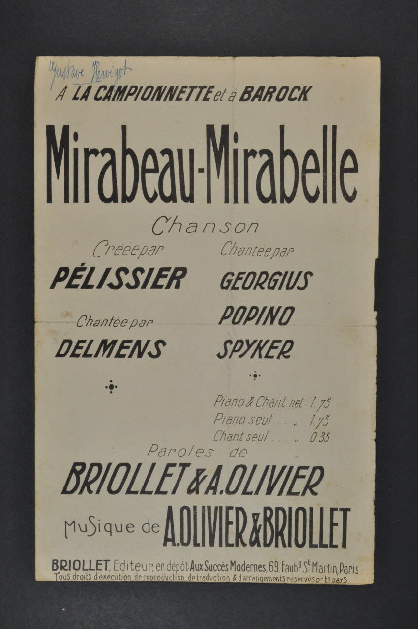 A. Olivier ; Paul Briollet ; Pelissier partition de musique petit format 1915 1965.149.37 Photo Mucem