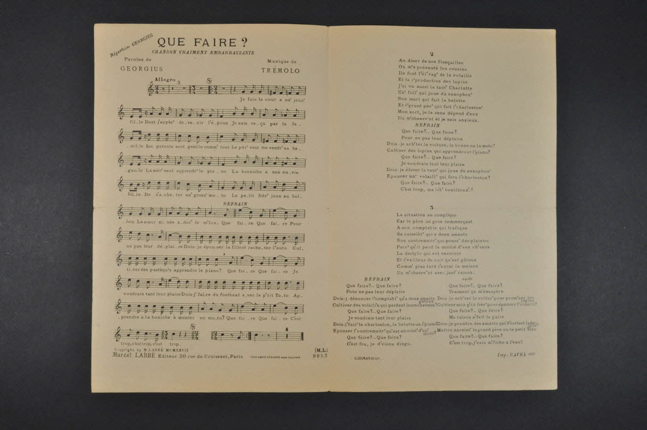 Trémolo ; Georgius ; Labbé partition de musique petit format Île-de-France, France 1927 1965.149.43 Photo Mucem