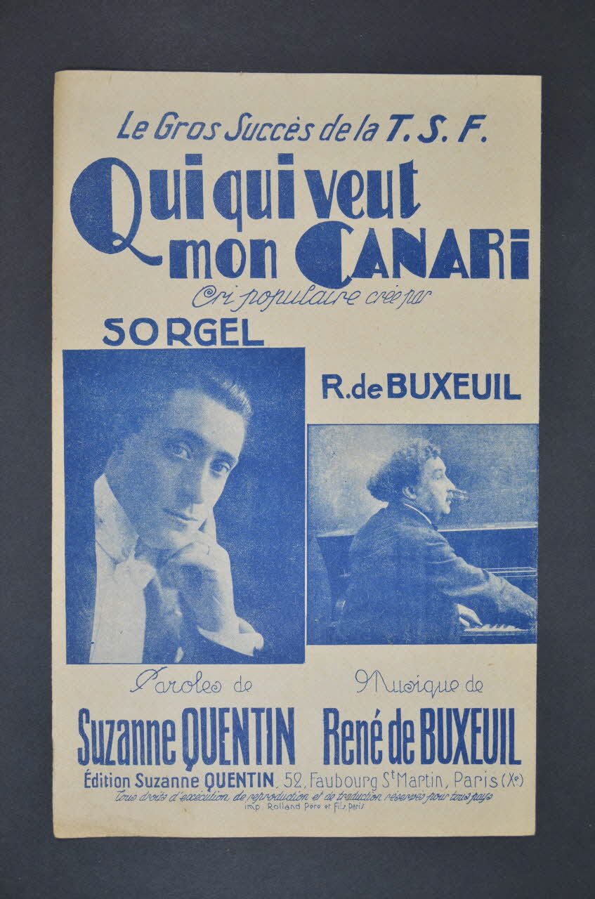 Suzanne Quentin ; René De Buxeuil ; Sorgel chanson petit format Île-de-France, France 1929 1966.141.13 Photo Mucem