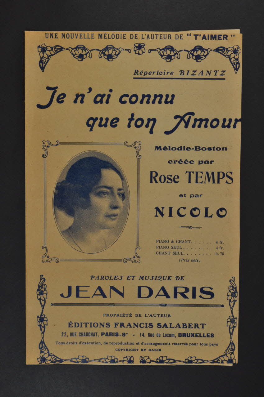 Jean Daris ; Rose Temps ; Nicolo ; Francis F. Salabert chanson petit format Île-de-France, France 1925 1966.142.10 Photo Mucem