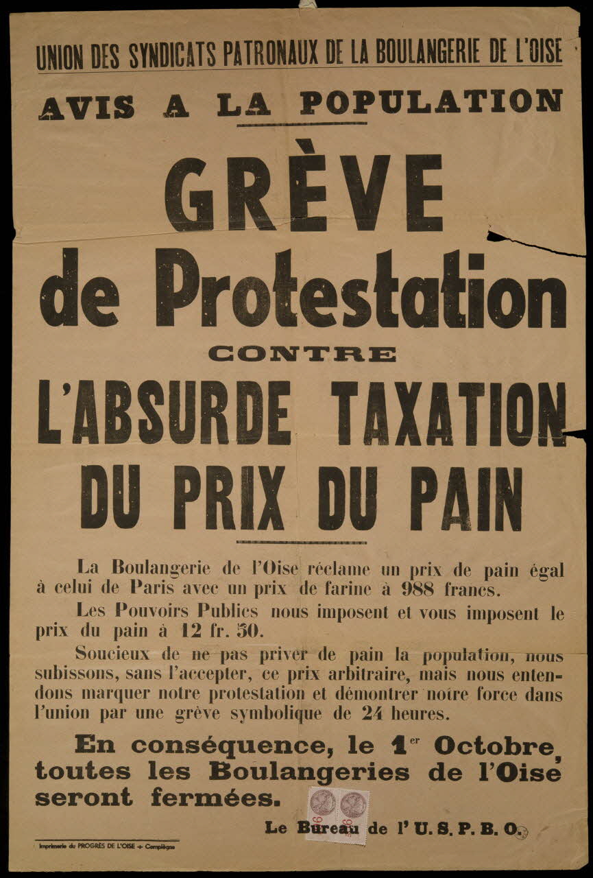 estampe AVIS A LA POPULATION  GREVE  de Protestation  CONTRE  L'ABSURBE TAXATION  DU PRIX DU PAIN 1968.100.173 Photo Mucem