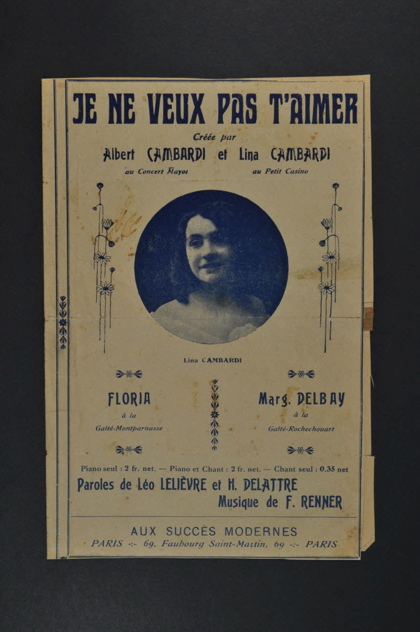 Horace Delattre ; Léo Lelièvre ; F. Renner ; Albert Cambardi ; Lina Cambardi chanson petit format Île-de-France, France 1912 1966.142.8 Photo Mucem