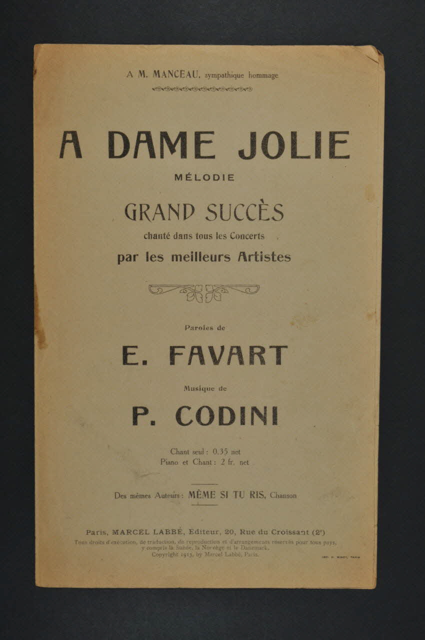 Pierre Codini ; Edgard Favart ; Labbé chanson petit format 1913 1965.150.13 Photo Mucem