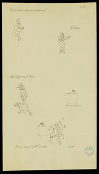 partie d'un ensemble de dessins Cairoli dans la "parodie de Chantecler"  Sidney  Bob O'Connor et Pippo  Le mannequin  Bob, Angelo, Mr Lionel 1968.102.1049  Photo Mucem
