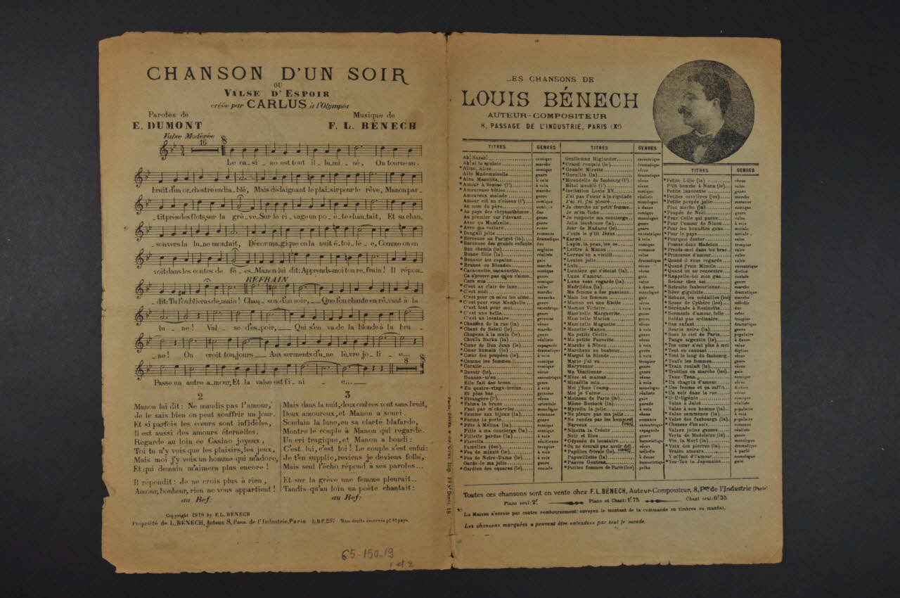 Répertoire Montmartois ; Ernest Dumont ; Ferdinand Louis Bénech ; Charlus chanson petit format 1919 1965.150.19 Photo Mucem