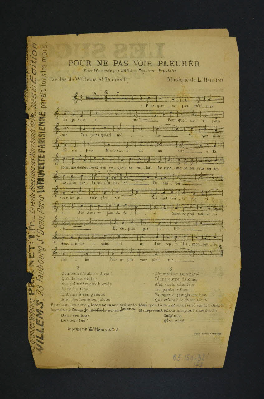 Willems ; Henri Poupon ; Lucien Dommel ; Louis Henriett ; Blanche Poupon chanson petit format 1919 1965.150.32 Photo Mucem