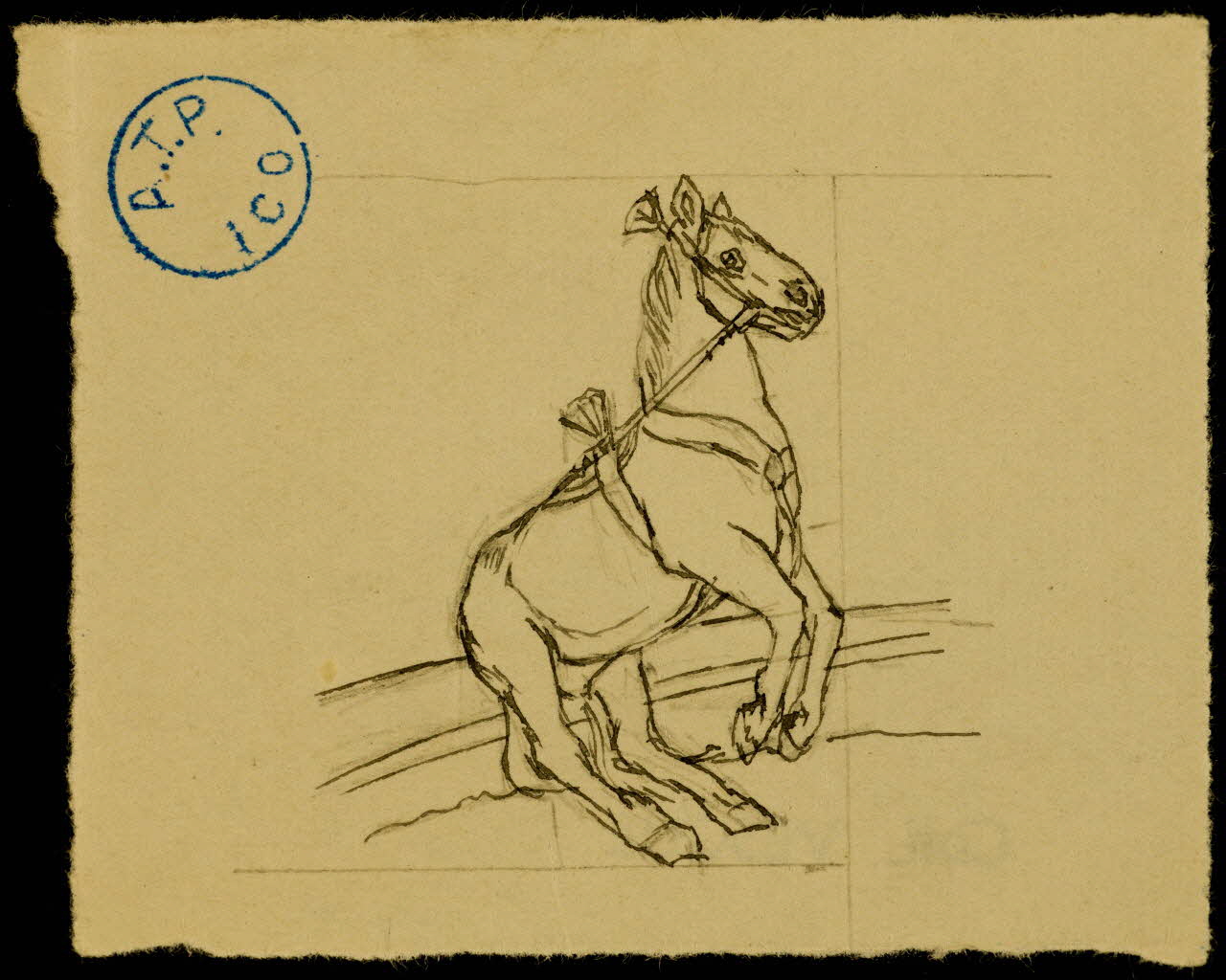 partie d'un ensemble de dessins Cheval assis sur le bord de la piste 1968.102.1207.16 Photo Mucem