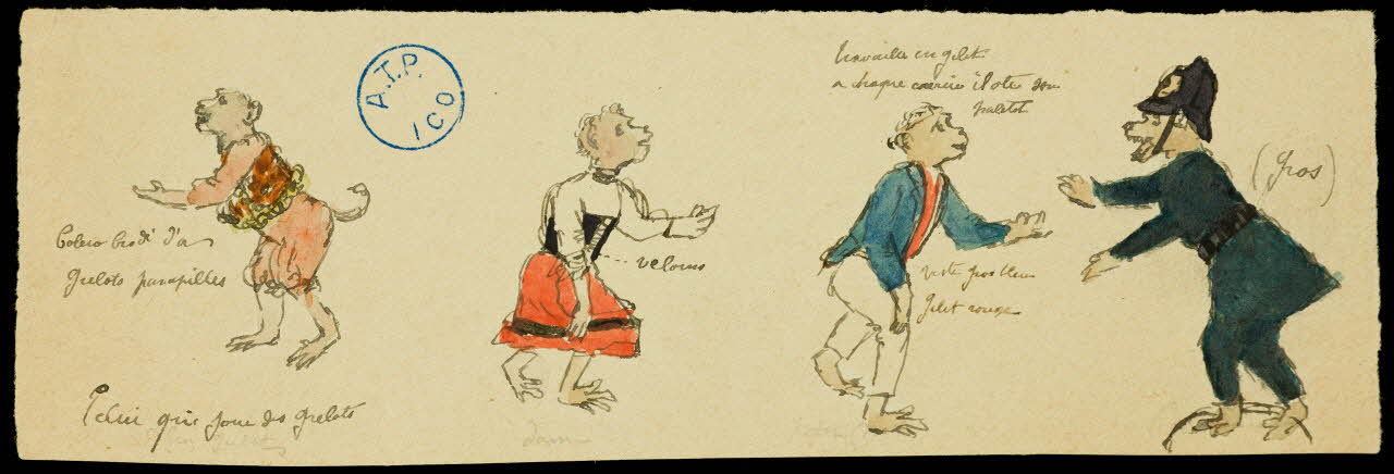 partie d'un ensemble de dessins Singes de cirque et leurs costumes 1968.102.1298.1 Photo Mucem