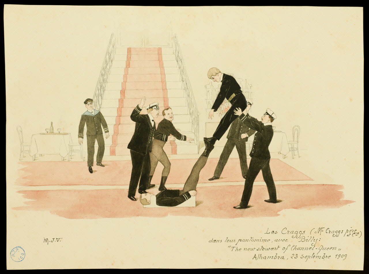 partie d'un ensemble de dessins "Les Craggs (Mr Craggs  père et Cie)  dans leur pantomine, avec Billy :  "The new stewart of Channel-Queen" 1968.102.1354 Photo Mucem