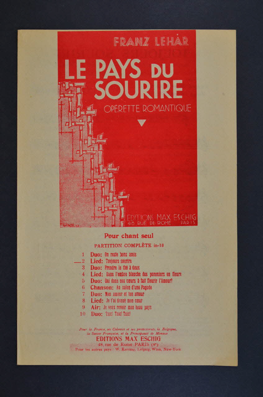 Franz Lehar ; WüRth ; Éditions Max Eschig chanson petit format 1932 1966.148.22 Photo Mucem