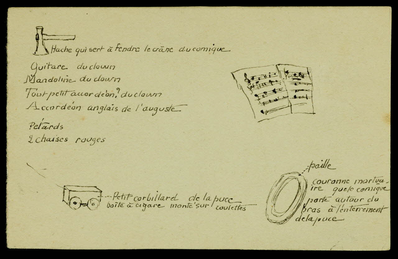 partie d'un ensemble de dessins Hache qui sert à fendre le crâne au comique  Petit corbillard de la puce  couronne mortua  ire 1968.102.1428 Photo Mucem