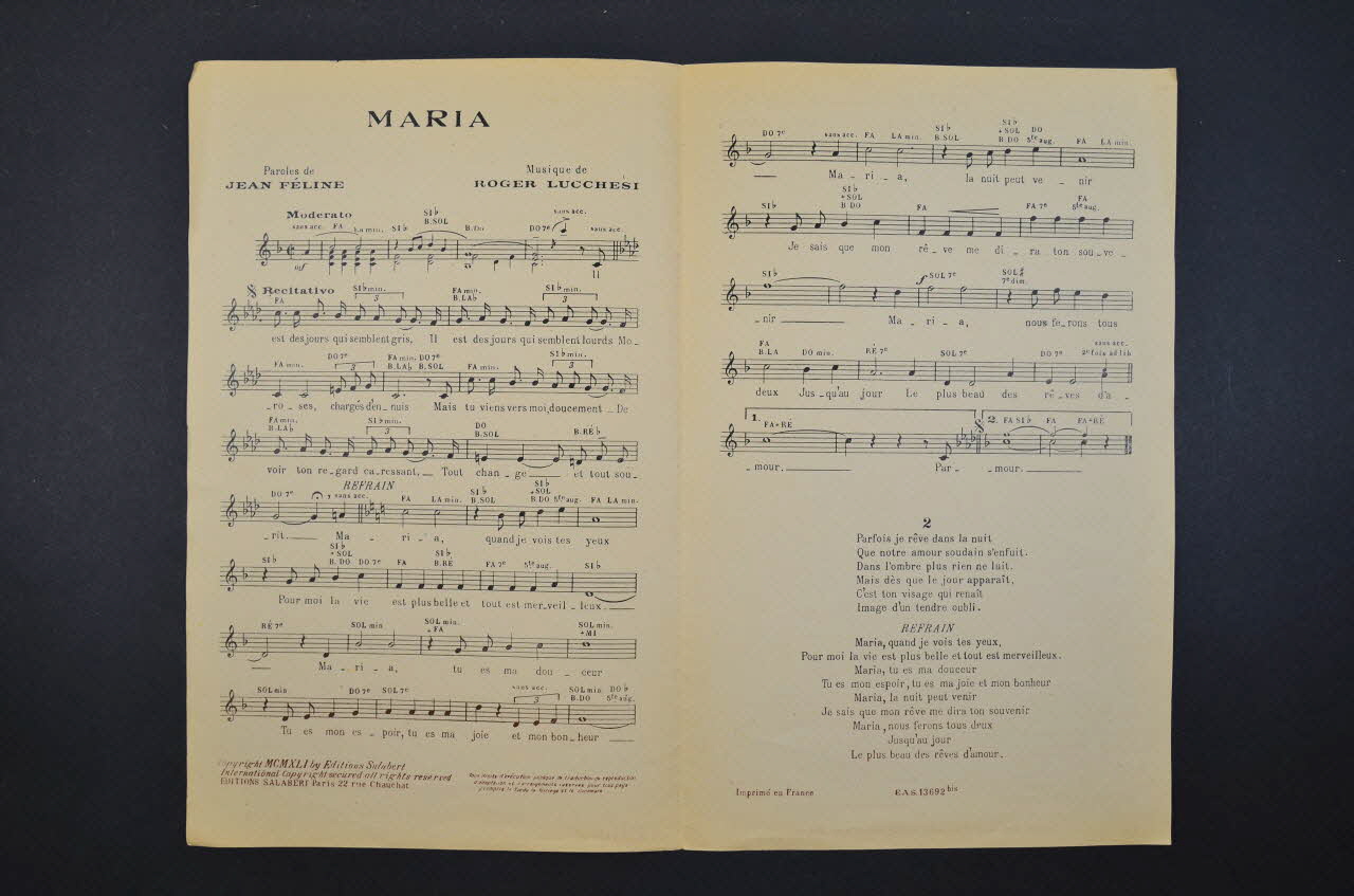 Jean Féline ; Roger Lucchesi ; Tino Rossi ; Salabert chanson petit format 1941 1966.148.56 Photo Mucem