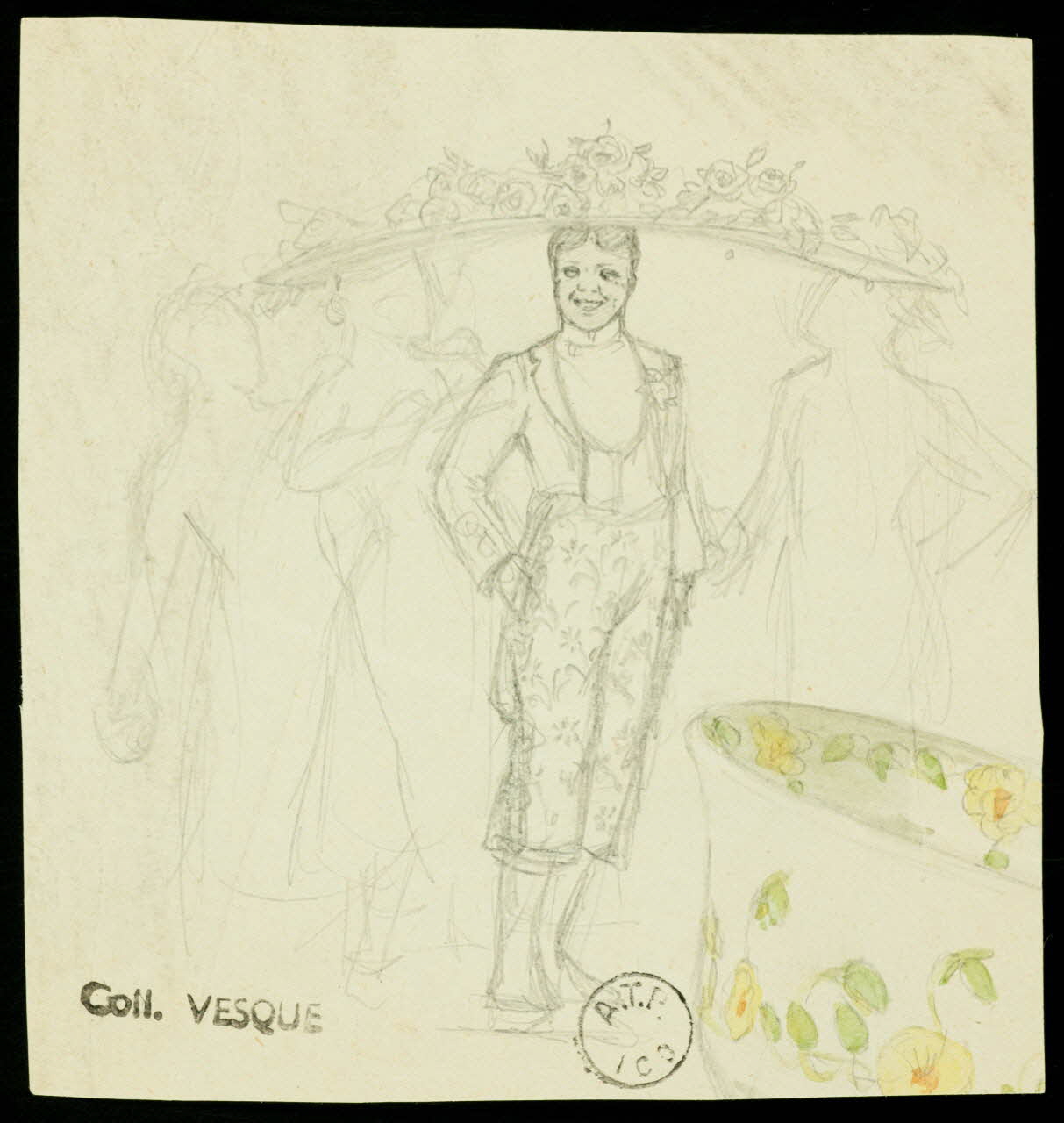 partie d'un ensemble de dessins Homme portant un grand chapeau à fleurs 1968.102.1677.4 Photo Mucem