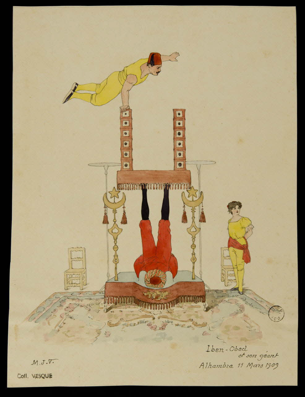 partie d'un ensemble de dessins Iben-Obed  et son géant  Alhambra 11 Mars 1909 1968.102.1930 Photo Mucem