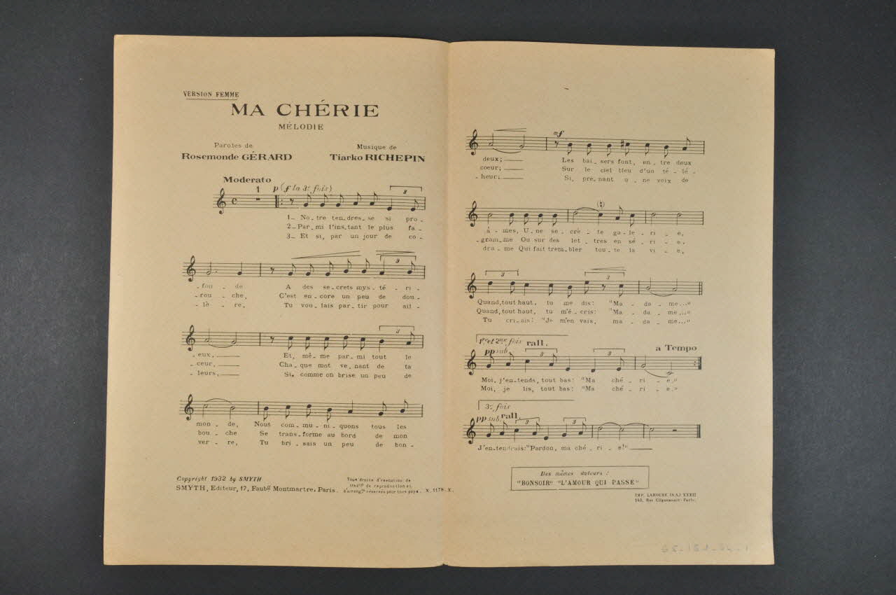 Tiarko Richepin ; Rosemonde Gérard ; Lys Gauty ; Smyth ; Editions Foucret Fils; chanson petit format Île-de-France, France 1932 1965.151.64 Photo Mucem