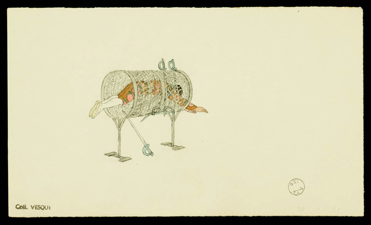 partie d'un ensemble de dessins Homme dans une cage transpercée d'épées 1968.102.1999.1 Photo Mucem