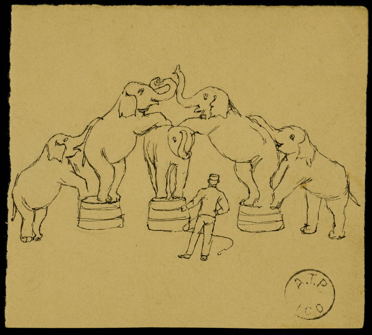 partie d'un ensemble de dessins Démonstration de dressage d'éléphants 1968.102.2137.6 Photo Mucem