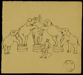 partie d'un ensemble de dessins Démonstration de dressage d'éléphants 1968.102.2137.6 Photo Mucem